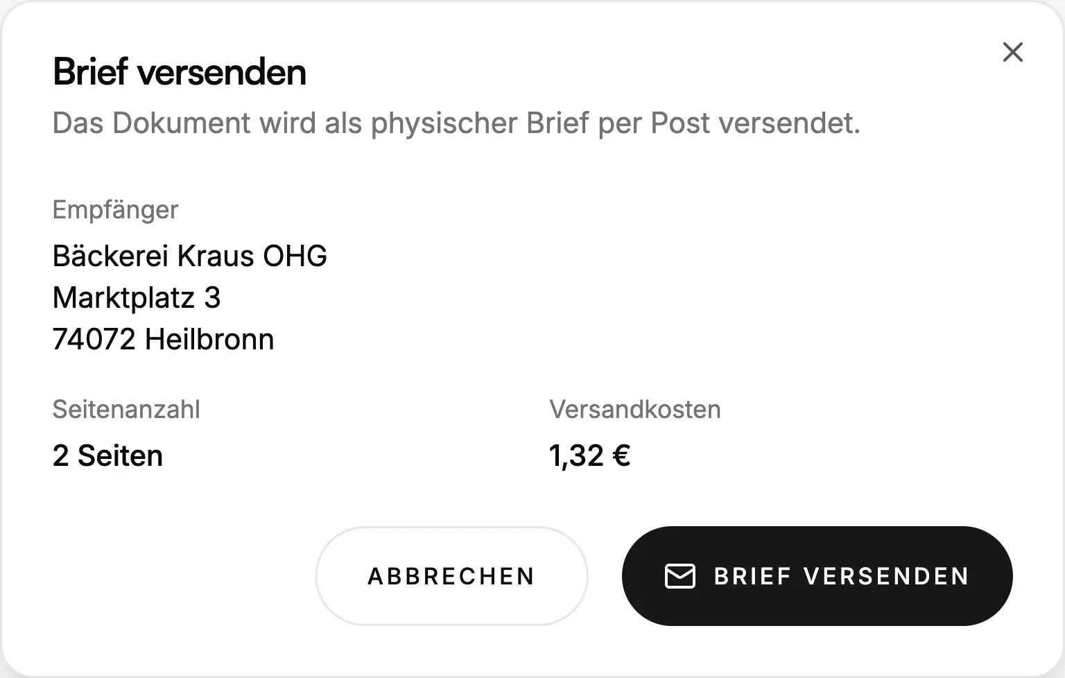 Briefversand-Dialog mit Empfänger, Seitenanzahl und Versandkosten