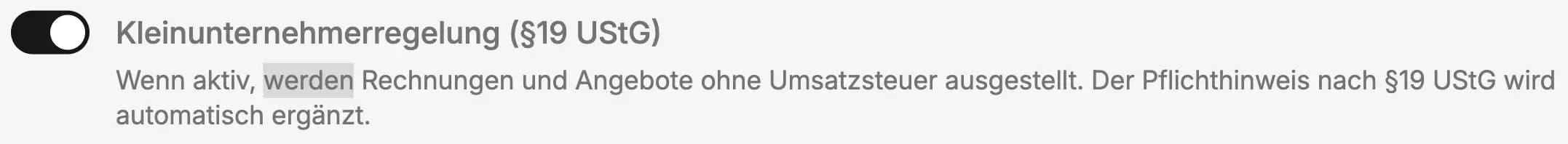 Kleinunternehmer-Toggle in den Unternehmenseinstellungen