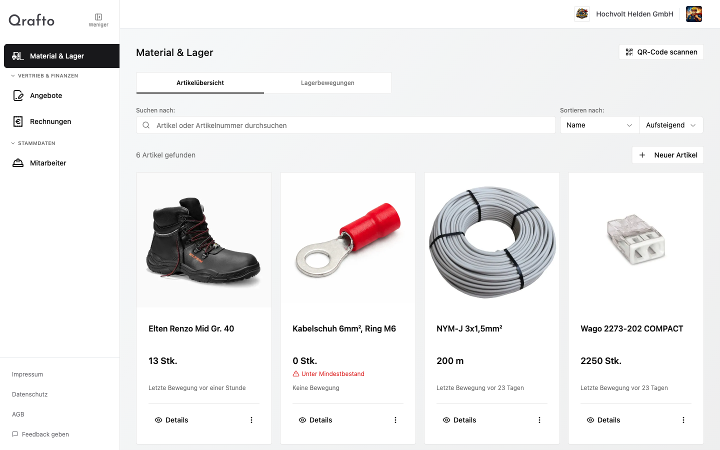 Qrafto Lager Artikelübersicht