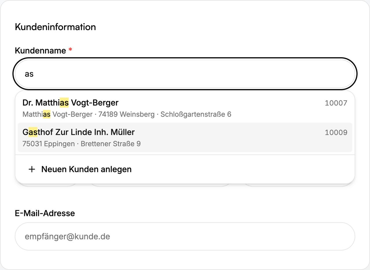 Rechnungs-Dialog mit Kundenname-Autocomplete und vorausgefüllten Empfänger-Feldern