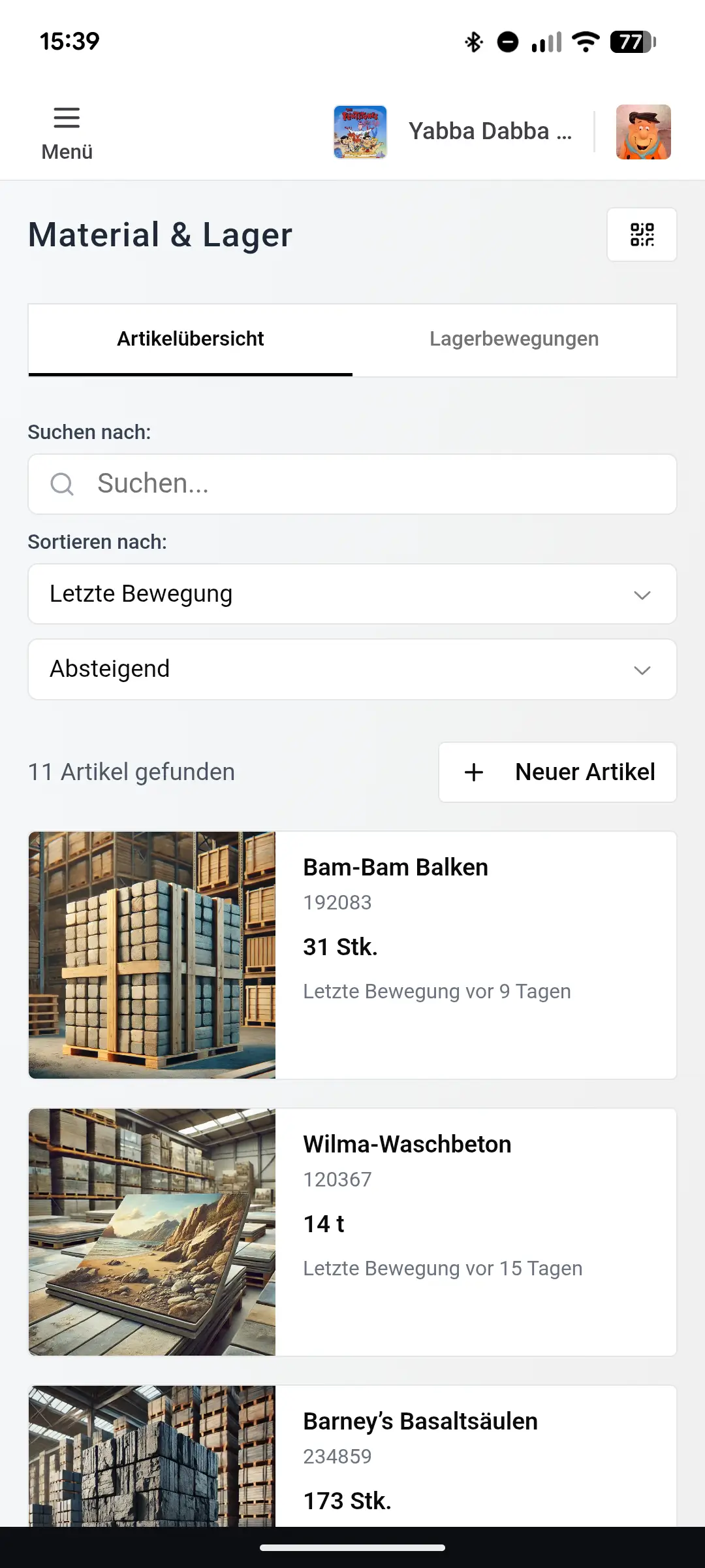 Qrafto Lagerverwaltung - Artikelübersicht im modernen Dashboard