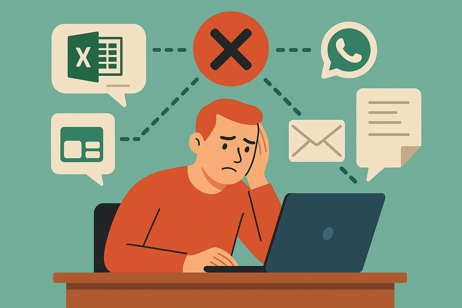 Laptop mit Excel, Smartphone mit WhatsApp und Papierstapel – Tool‑Chaos auf dem Schreibtisch